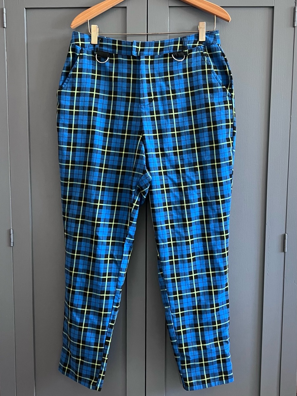 Women Blue Plaid Slim Trousers